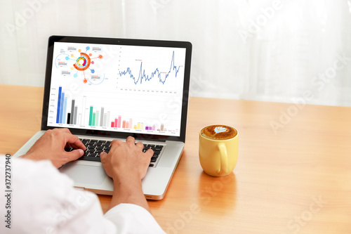 Businessman analyzing statistics on laptop screen, Hands man use laptop working with financial graphs charts online, Business and financial concept, With copy sapce