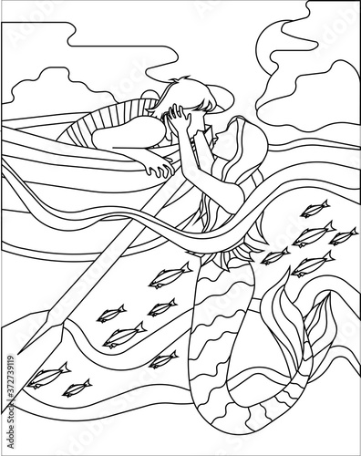 Mermaid is kissing a seaman in sailor suit, black lined countour on white isolated background, concept of Anti stress activity and Coloring, Color books and pages, Home pastime and Hand drawn leisure.