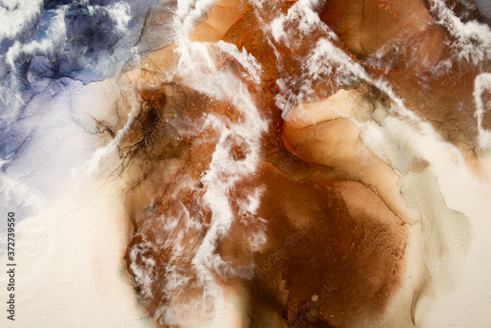 Foto Stock Marble texture. Aerial Earth planet. Ink water. Brown land  surface blue sea wave with white cloud abstract design. Copper sand fleck  effect art background. Luxury nature wallpaper. | Adobe Stock