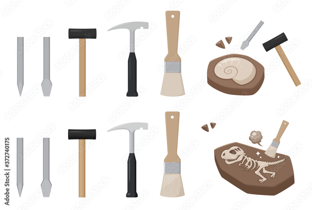 化石の発掘と道具のイラスト素材セット Stock Vector Adobe Stock