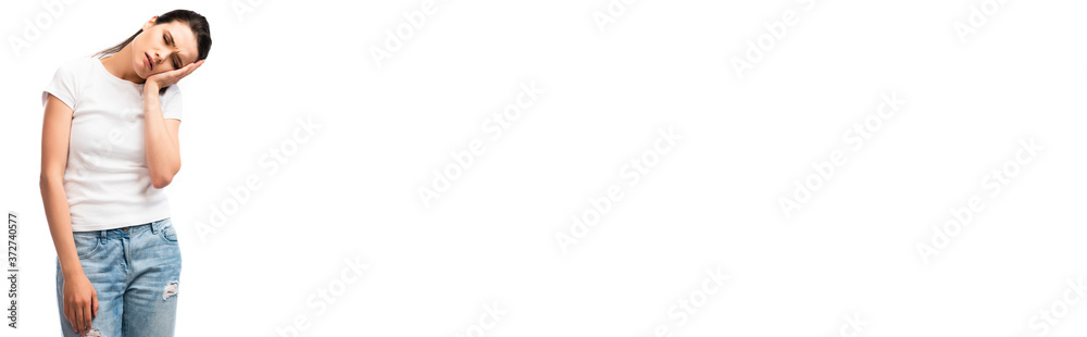 panoramic crop of exhausted woman in white t-shirt standing isolated on white panoramic crop of exhausted woman in white t-shirt standing isolated on white
