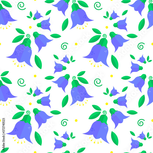 Patterns with blue flowers, bell flowers and green leaves on a white background. Seamless background. Design for textile, poster, banner 