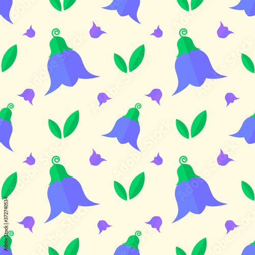 Seamless pattern with blue flowers, bell flowers and green leaves on a yellow background. Design for textile, poster, banner 