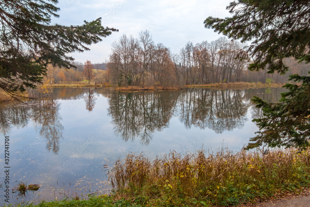 Barsky pond near Serednikovo manor in the suburbs Moscow, sad autumn landscape