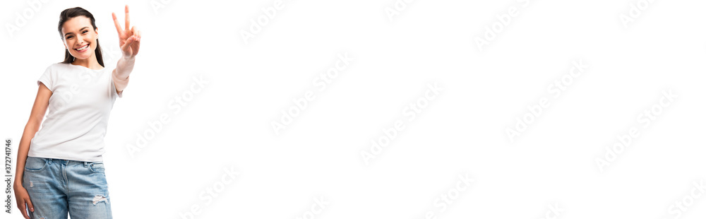 panoramic crop of brunette woman in white t-shirt showing peace sign isolated on white panoramic crop of brunette woman in white t-shirt showing peace sign isolated on white