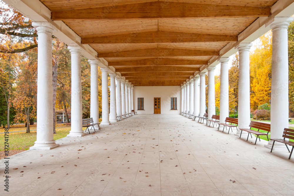 Manor Ostafievo in the suburbs of Moscow in the fall. The building is built in the architectural style classicism. The open colonnaded gallery