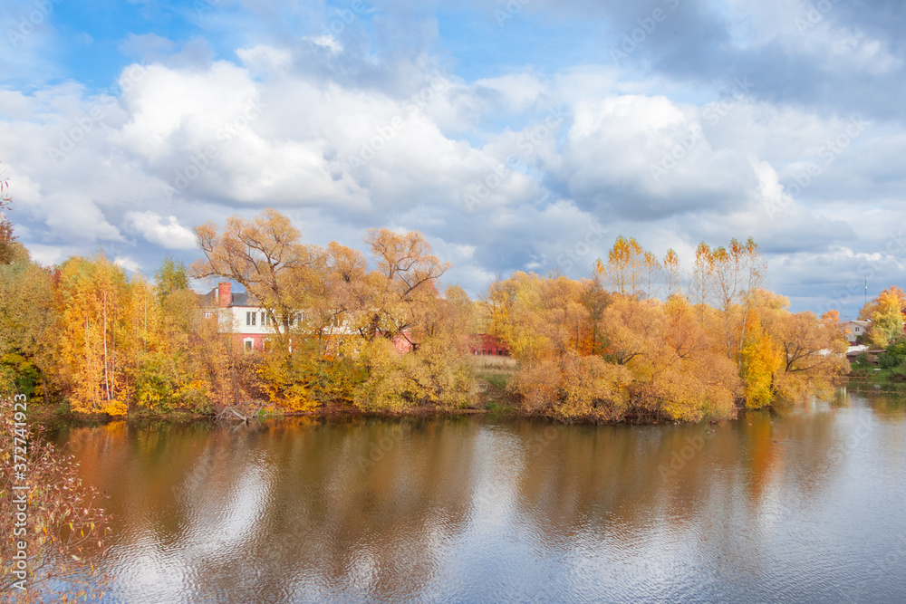 Big Ostafievsky pond in the manor Ostafievo near Moscow, Russia in the autumn. Colorful landscape