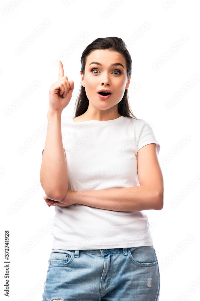 young woman in white t-shirt having idea isolated on white young woman in white t-shirt having idea isolated on white