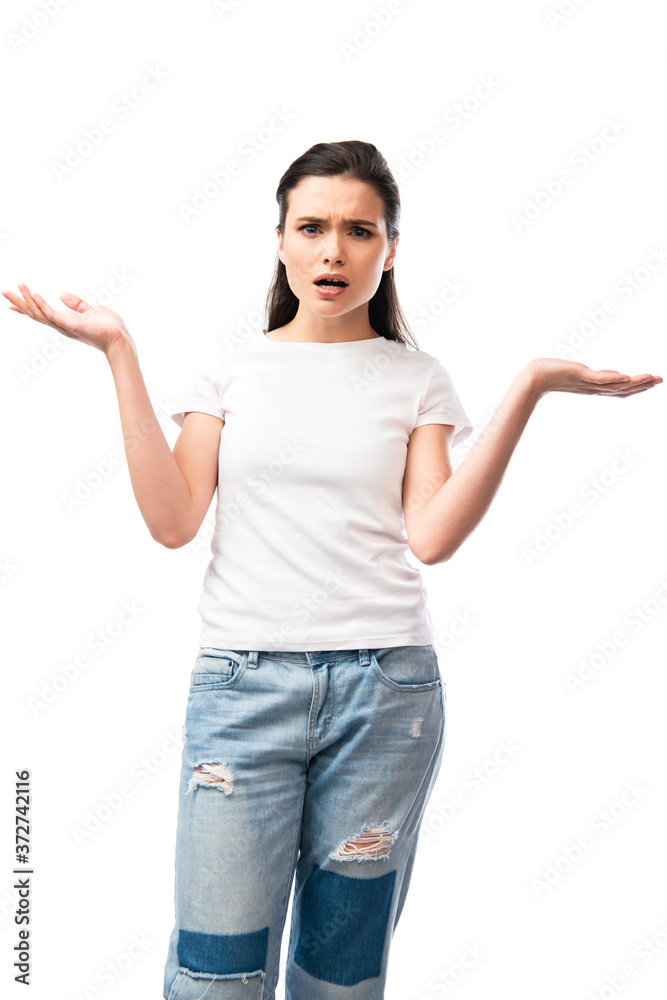 displeased young woman in white t-shirt gesturing and looking at camera isolated on white displeased young woman in white t-shirt gesturing and looking at camera isolated on white