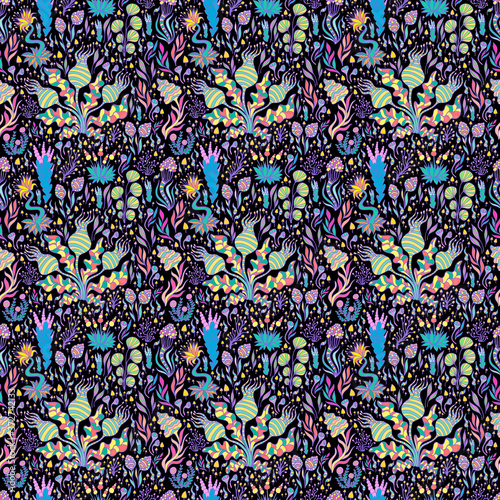 Fantastic psychedelic bright abstract plants, mushrooms and flowers seamless pattern, isolated on black background.