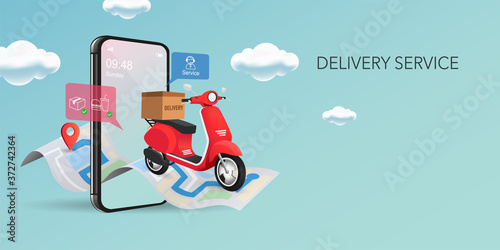 Fast delivery package by scooter on mobile phone. order package in e-commerce by app. tracking courier by map application.Vector illustration.