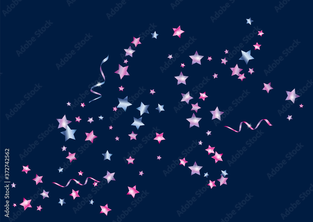 Confetti from stars, streamer. Blue and pink metallic gradient. Festive background, design for cards, invitations. Abstract texture on a blue background. Design element. Vector illustration, eps 10.