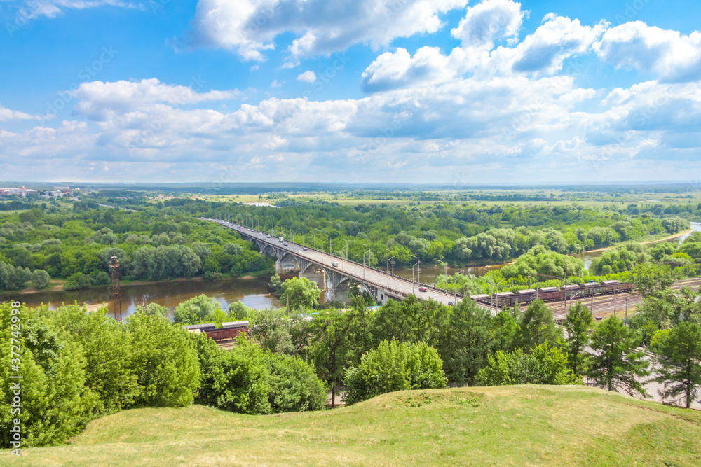 Vladimir city, Sudogskoye highway, the bridge over the river Klyazma, Russia. Beautiful landscape, view into the distance