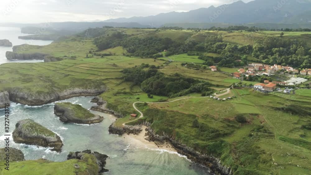 Asturias. Coastal landscape in Cue, beach of Llanes. Spain. Aerial Drone Footage Asturias. Coastal landscape in Cue, beach of Llanes. Spain. Aerial Drone Footage