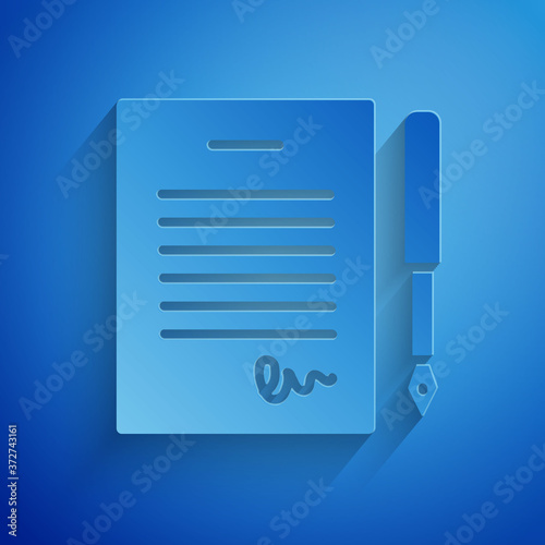 Paper cut Marriage contract icon isolated on blue background. Wedding certificate. Paper art style. Vector.