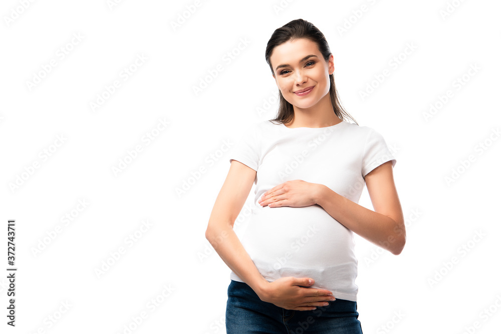 pregnant woman in white t-shirt touching belly isolated on white pregnant woman in white t-shirt touching belly isolated on white
