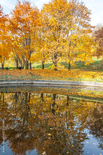 Lower Kolomenskiy pond in the Kolomenskoye Park in autumn, Moscow