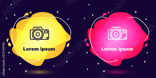 Set line Photo camera icon isolated on blue background. Foto camera icon. Abstract banner with liquid shapes. Vector.