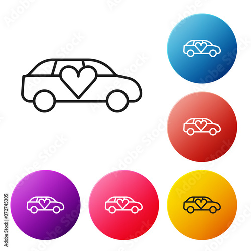 Black line Luxury limousine car icon isolated on white background. For world premiere celebrities and guests poster. Set icons colorful circle buttons. Vector.