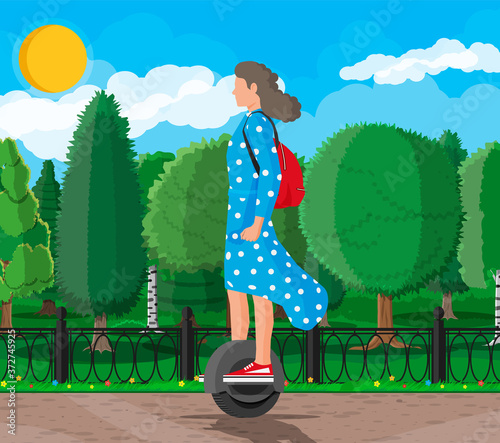 Girl on monocycle wheel. Woman with backpack riding electric self balancing scooter. Hipster character uses modern urban transport. Ecological, convenient city transportation. Flat vector illustration
