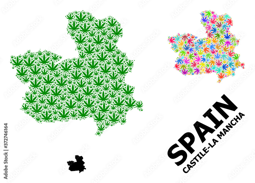 Vector Collage Map of Castile-La Mancha Province of Colored and Green Hemp Leaves and Solid Map