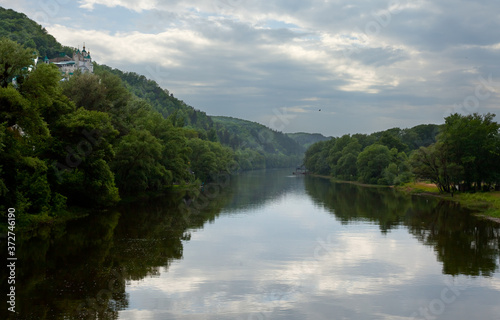 Foggy morning on the river in spring