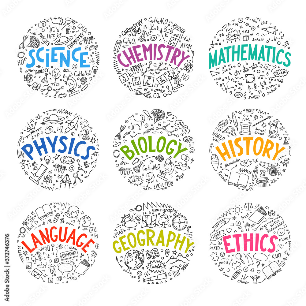 Science, chemistry, mathematics, physics, biology, history, language, geography, ethics. Set from school subjects doodle with hand drawn lettering. 