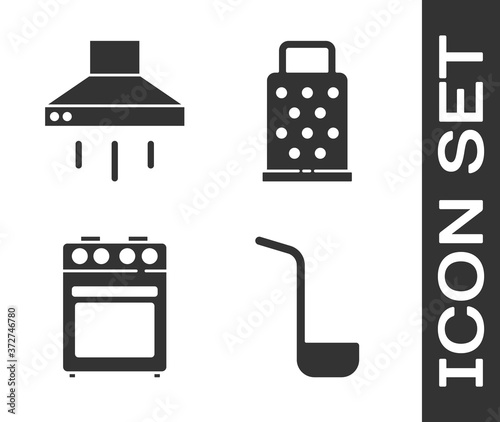 Set Kitchen ladle, Kitchen extractor fan, Oven and Grater icon. Vector.