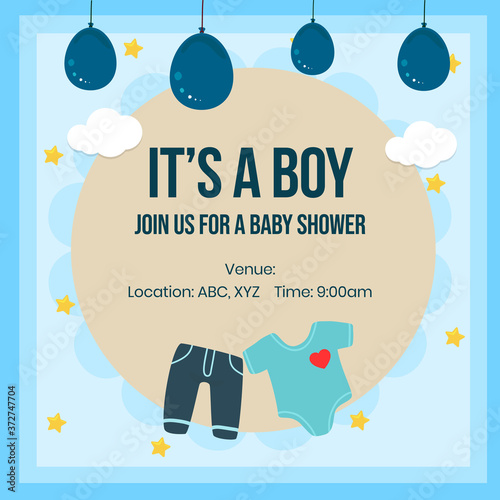 Join us baby boy shower invitation card facebook and instagram post with balloons and baby dress. Baby shower post for new born babies. Baby shower announcement poster or card