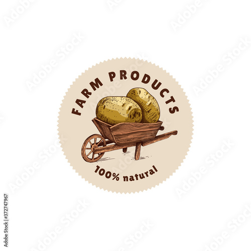Hand drawn farmer wooden cart with potato. Farm fresh delivery design template. Vector illustration isolated on white background.
