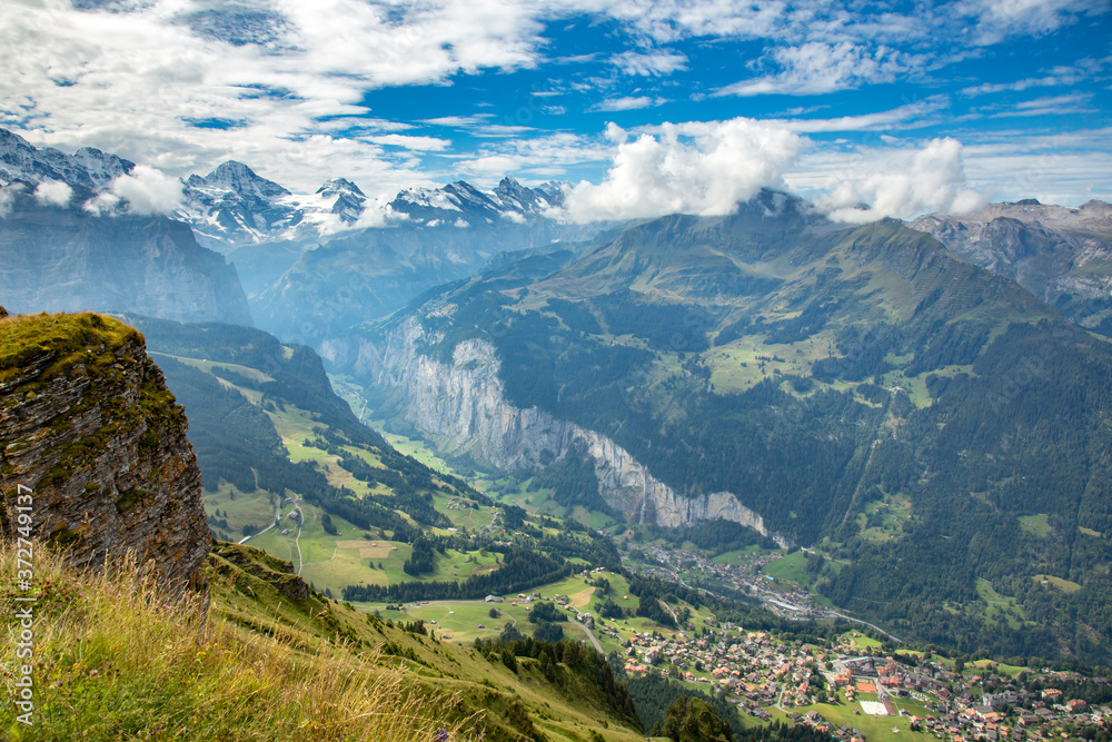 A high angle view of the villages of Lauterbrunnen and Wengen, swirtzerland. A high angle view of the villages of Lauterbrunnen and Wengen, swirtzerland.