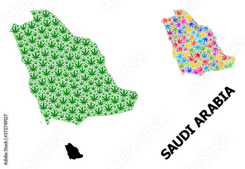 Vector Collage Map of Saudi Arabia of Bright and Green Cannabis Leaves and Solid Map