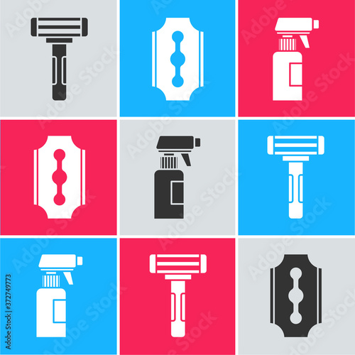 Set Shaving razor, Blade razor and Hairdresser pistol spray bottle icon. Vector.