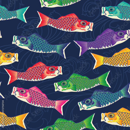 Colorful Koinobori carp streamer, carp-shaped windsocks seamless pattern background