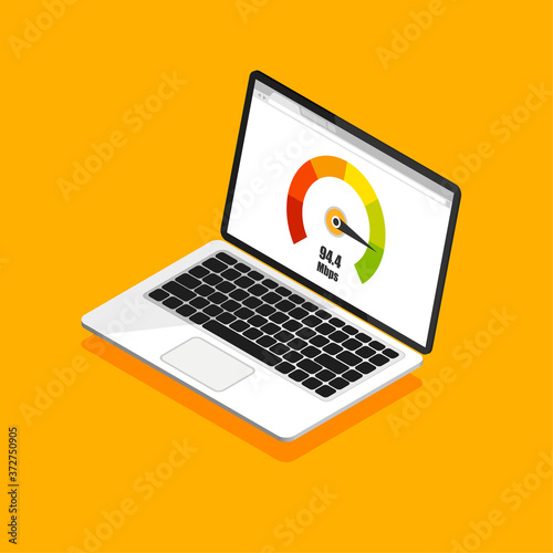 Credit score meter. Isometric design of laptop with speed test on a screen. Isolated vector illustration.