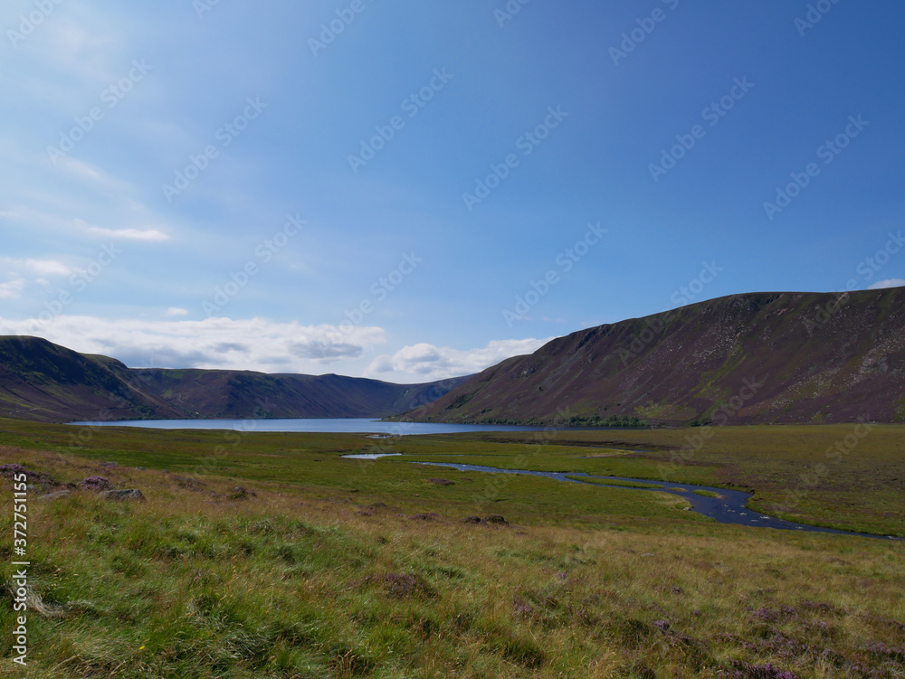 river on a green meadow, hills and a lake at the distance with blue sky