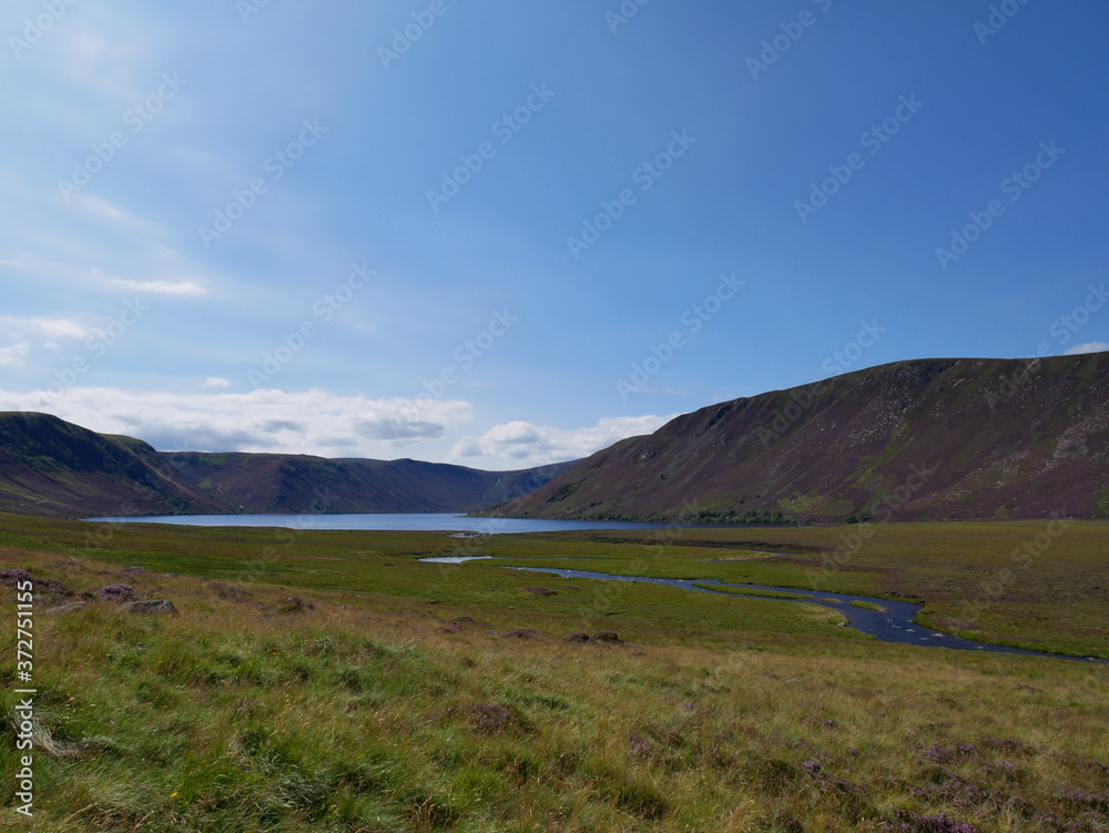 river on a green meadow, hills and a lake at the distance with blue sky river on a green meadow, hills and a lake at the distance with blue sky