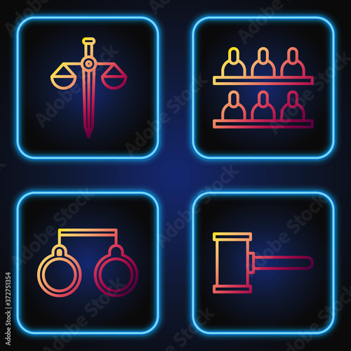 Set line Judge gavel, Handcuffs, Scales of justice and Jurors. Gradient color icons. Vector.