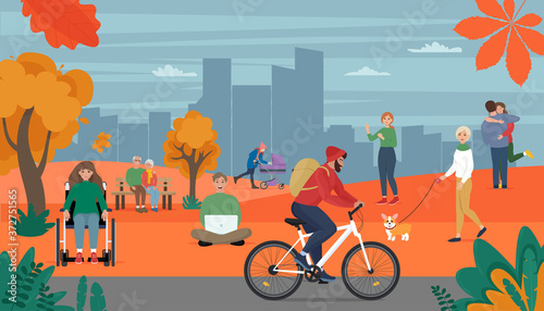 People in the park at autumn. Vector illustration in flat style