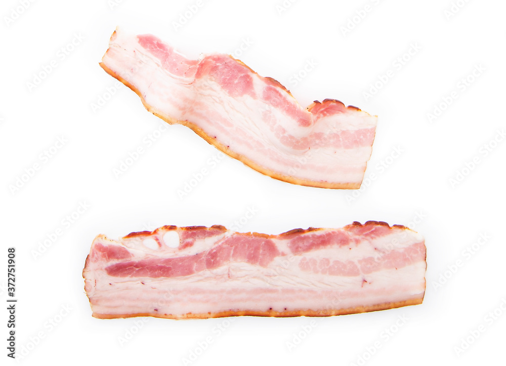 Slices of raw bacon isolated on white background Slices of raw bacon isolated on white background