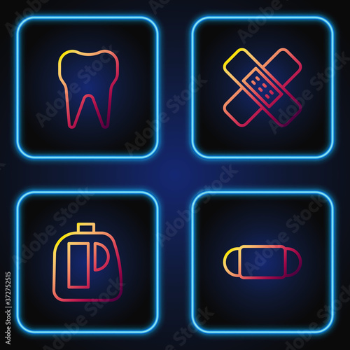 Set line Medical protective mask, Bottles for cleaning agent, Tooth and Crossed bandage plaster. Gradient color icons. Vector.