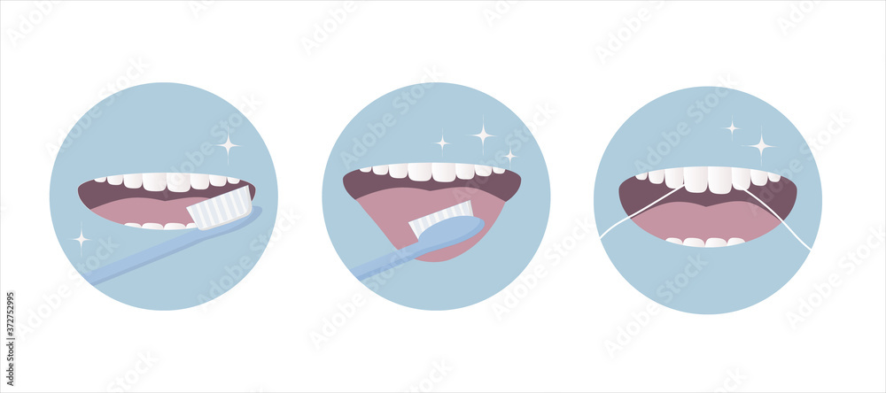 how to brush your teeth and tongue properly with a toothbrush and floss. Examples of care include an open mouth with a tongue and healthy, clean teeth. Daily oral hygiene. Vector flat design. how to brush your teeth and tongue properly with a toothbrush and floss. Examples of care include an open mouth with a tongue and healthy, clean teeth. Daily oral hygiene. Vector flat design.
