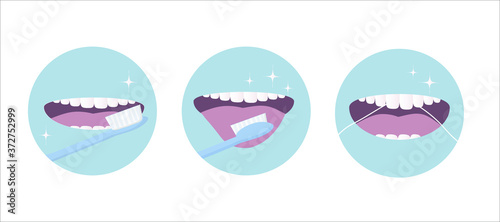 how to brush your teeth and tongue properly with a toothbrush and floss. Examples of care include an open mouth with a tongue and healthy, clean teeth. Daily oral hygiene. Vector flat design. 