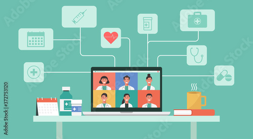 online healthcare and medical consultation services concept, group of doctors video conferencing on laptop screen and medicine icons, vector flat illustration