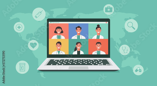 online healthcare and medical consultation services around the world concept, group of doctors video conferencing on laptop screen and medicine icons, vector flat illustration