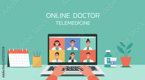 human hand using laptop connecting doctors for online healthcare and medical consultation services, vector flat illustration