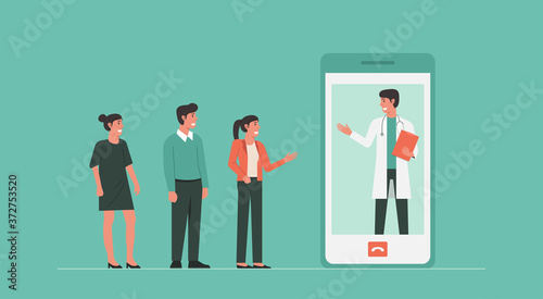group of people discusses to doctor online via mobile phone, virtual meeting vector flat illustration