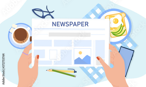 Woman reading the newspaper with her breakfast of eggs, toast and coffee in an overhead view of her hands, colored vector illustration