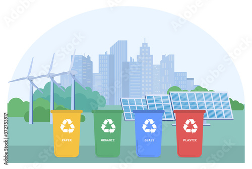 Green city with recycling bins and solar panels and wind turbines for power and energy in a save the planet concept, colored vector illustration