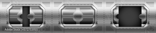 Metal door, sliding gates in spaceship hallway interior. Closed, open, slightly ajar shuttle or secret laboratory entrance, futuristic bunker, ski-fi gateways on wall. Realistic 3d vector illustration